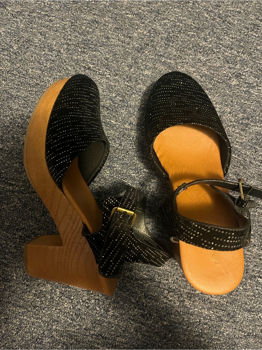 Black Studded Platform Sandal with Tan Faux Wood Heel
